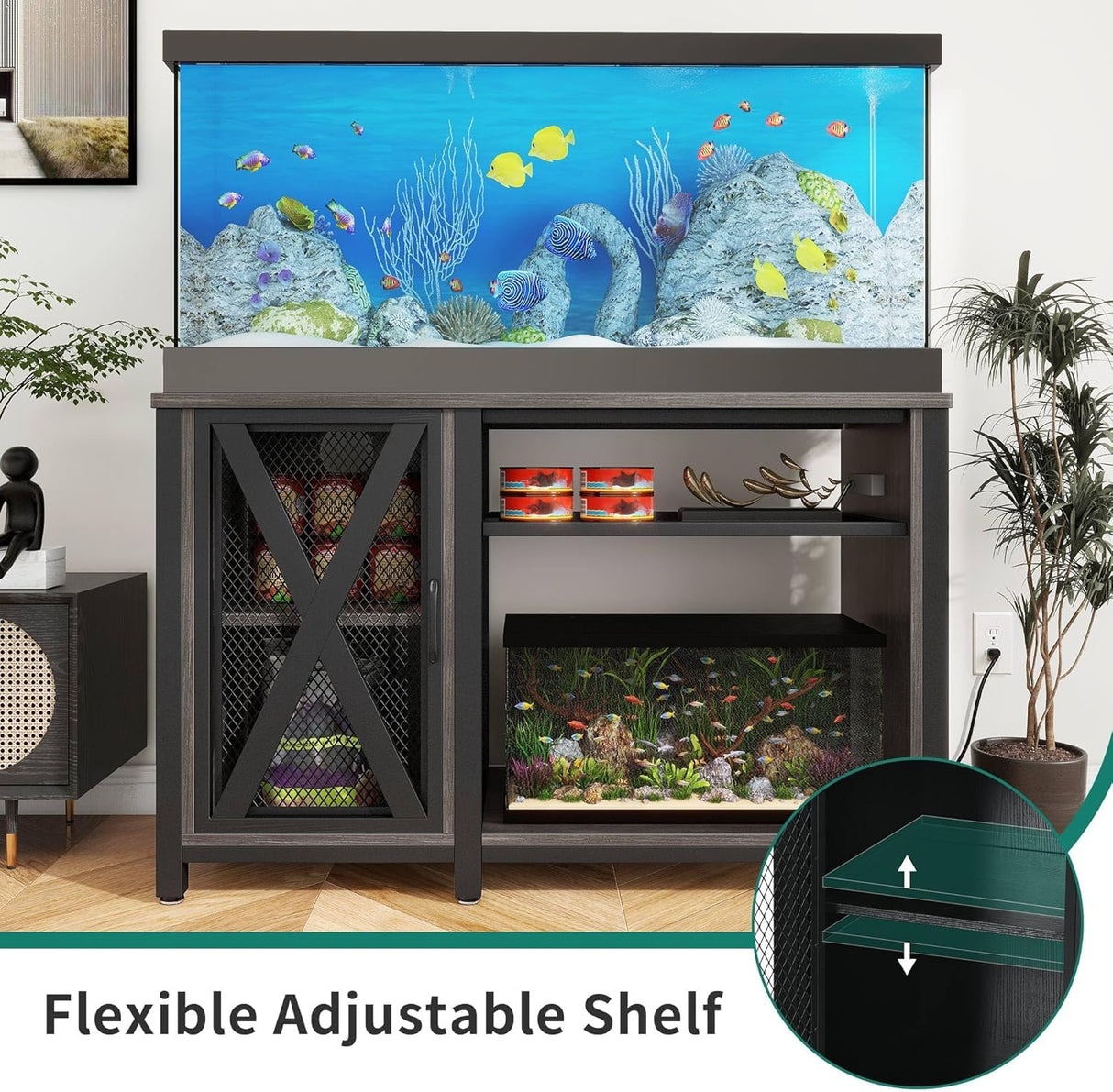YITAHOME Heavy Duty 55-75 Gallon Aquarium Stand with Power Outlets, Cabinet for Fish Tank Accessories Storage - Metal Fish Tank Stand Suitable for Fish Tank, Turtle Tank, 880LBS Capacity, Grey YITAHOME