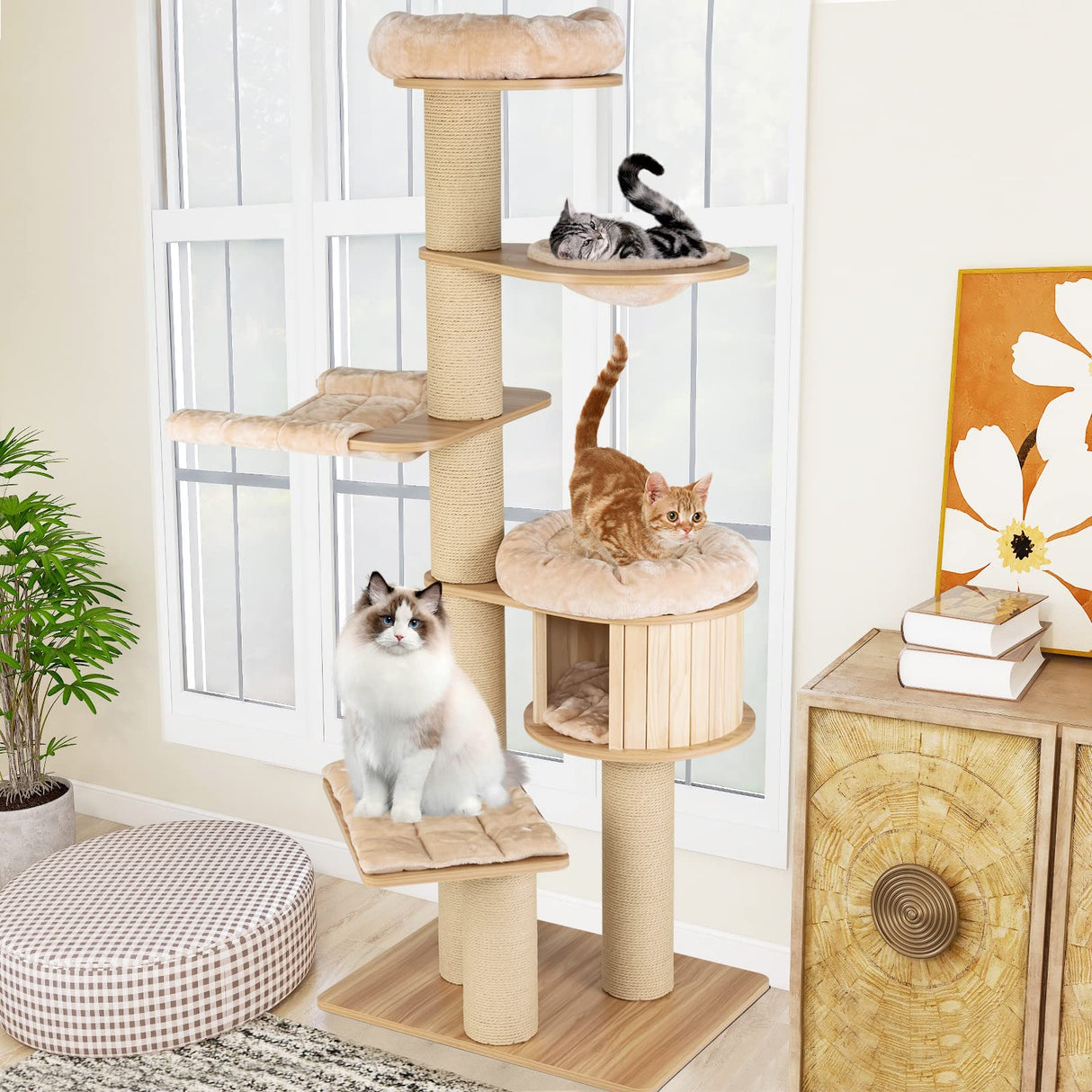 Tangkula Large Cat Tree Tower, Multi-Level Tall Cat Tree with Sisal Posts, Hammocks, Hanging Basket, and Cat Condo, Washable Cushions, Modern Cat Tree for Indoor Cats Large Adult Tangkula