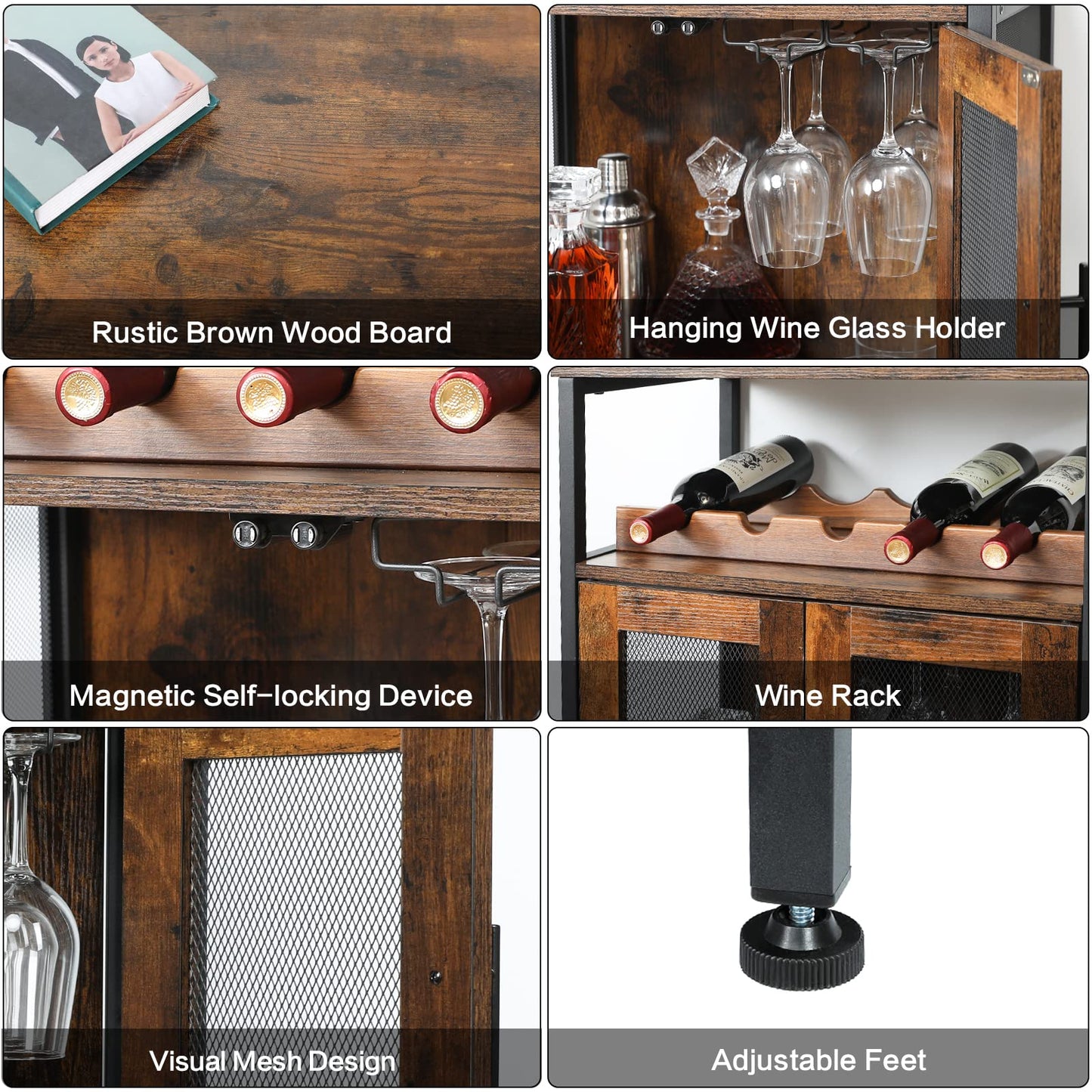 X-cosrack Wine Bar Rack Cabinet with Detachable Wine Rack, Coffee Bar Cabinet with Glass Holder, Small Sideboard and Buffet Cabinet with Mesh Door, Rustic Brown(Patent Pending) - WoodArtSupply