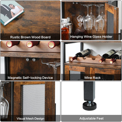 X-cosrack Wine Bar Rack Cabinet with Detachable Wine Rack, Coffee Bar Cabinet with Glass Holder, Small Sideboard and Buffet Cabinet with Mesh Door, Rustic Brown(Patent Pending) - WoodArtSupply