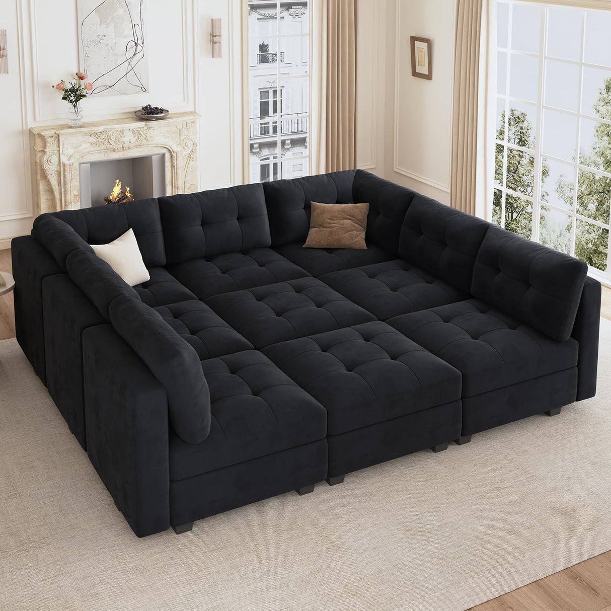 HONBAY Modular Sectional Sleeper Sofa with All Storage, Velvet Modular Sofa Couch, 9-Seat Reversible Velvet Sleeper Sectional Sofa Bed for Living Room, Black HONBAY