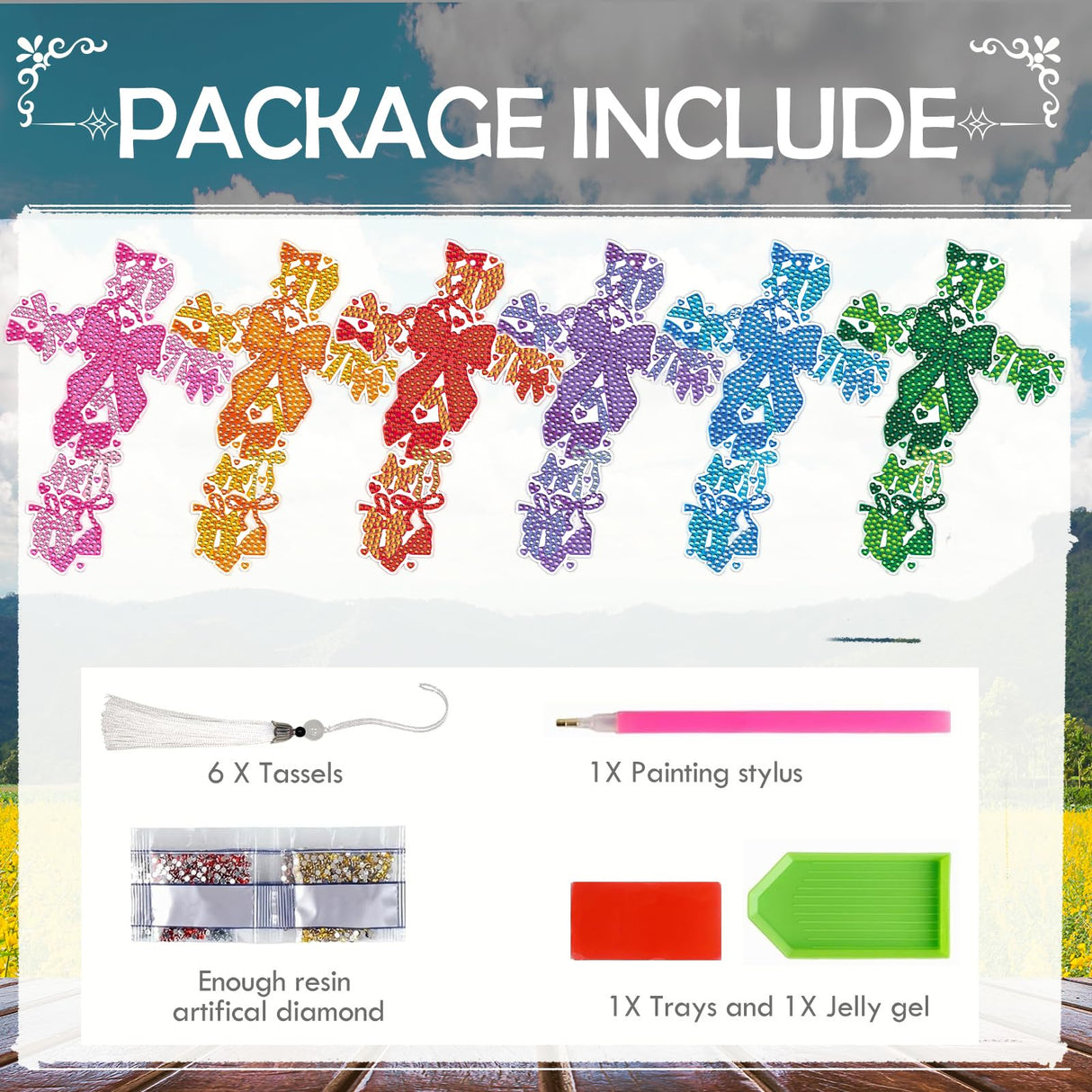 Cross Diamond Art Painting Bookmarks - 6 PCS Colorful Bow Design Bookmarks Kit with Tassel DIY Coquettte Gem Art Craft Christmas New Year Religions Birthday Gift for Reading Lovers INCOK