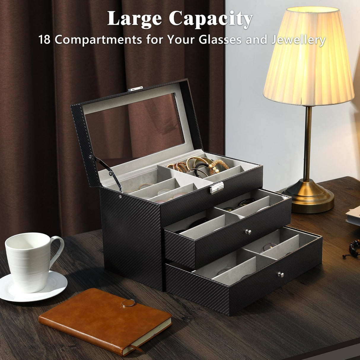 MoKo Sunglasses Organizer with 18 Slots, 3-Layer Leather Sunglass Display Collection Holder Case with Drawer Clear Glass Lid, Lockable Eyeglass Glass Jewelry Watch Storage Box for Women Men, Black MoKo