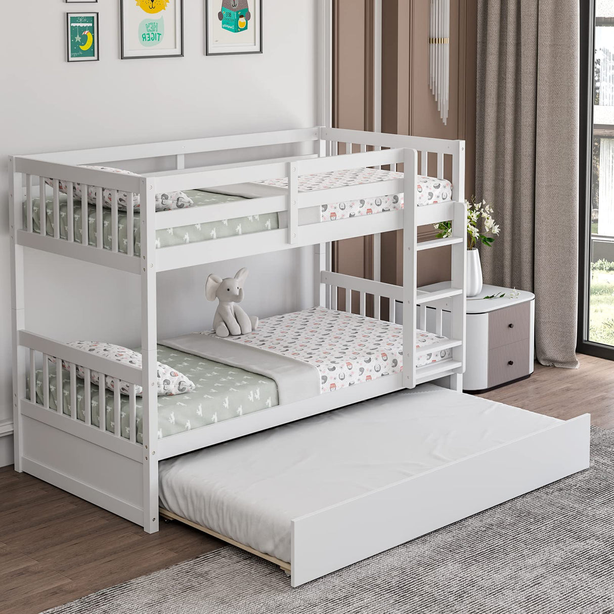 Giantex Twin Over Twin Bunk Bed with Trundle, Convertible Platform Bed Frame with Ladder & Solid Wood Frame, Space-Saving Bunk Bed for Teens & Adults, No Box Spring Needed, White Giantex