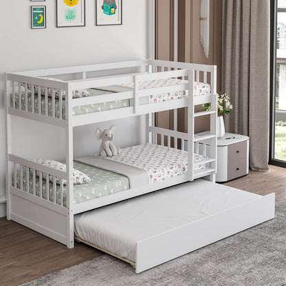 Giantex Twin Over Twin Bunk Bed with Trundle, Convertible Platform Bed Frame with Ladder & Solid Wood Frame, Space-Saving Bunk Bed for Teens & Adults, No Box Spring Needed, White