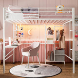 IKIFLY Metal Twin Loft Bed with Desk and Storage Shelves, LED Lights & Charging Station, Loft Bed Frame with 13.4” Guardrail and Ladder, Large Fabric Basket, Clothes Rail, No Box Spring Needed, White IKIFLY