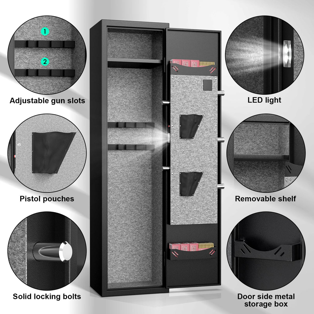Omethey 2-3 Gun Safe, Biometric Fingerprint Gun Safe for Rifles and Pistols, Quick Access Rifle Gun Safe with Silent Mode and Alarm System, Gun Cabinet with Removable Shelf and 2 Adjustable Gun Slots Omethey