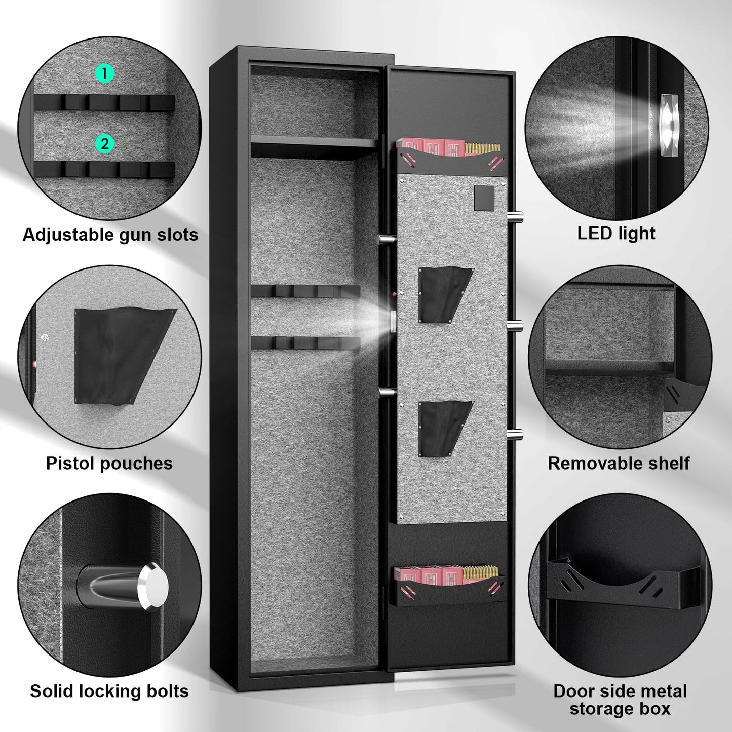 Omethey 2-3 Gun Safe, Biometric Fingerprint Gun Safe for Rifles and Pistols, Quick Access Rifle Gun Safe with Silent Mode and Alarm System, Gun Cabinet with Removable Shelf and 2 Adjustable G - WoodArtSupply