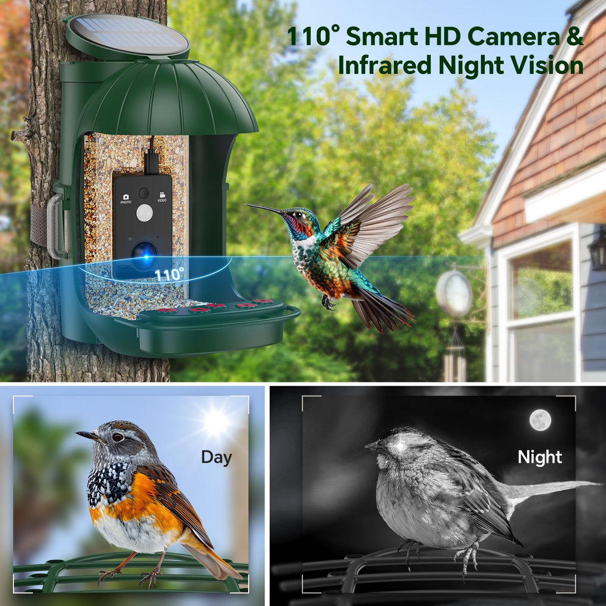 Relassy Bird Feeder with Camera, Waterproof Smart Bird Feeder with Camera Solar Powered for Outdoors, Rechargeable & Detachable 110° Bird Feeder Camera, Auto Capture Bird HD Videos & Photos, Green Relassy