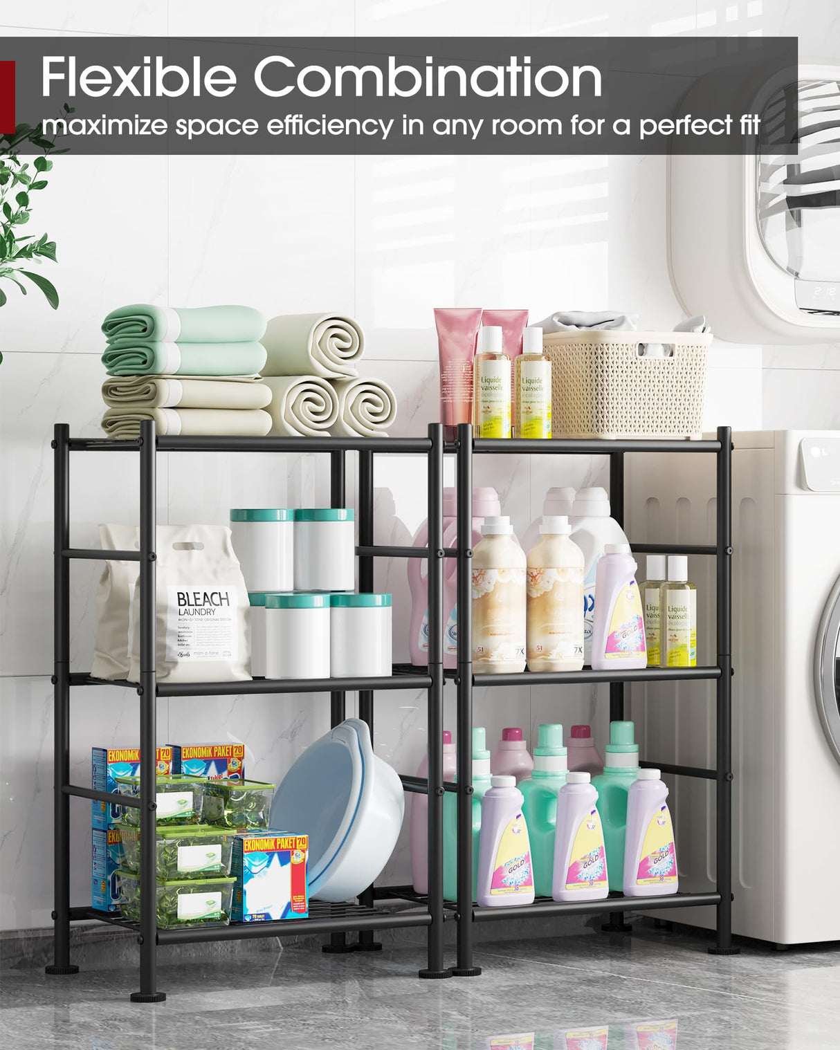 Sakugi Storage Shelves - 3 Tier Shelf Organizer, Sturdy Metal Garage Shelving with Adjustable Leveling Feet, Space-Saving Shelves Organizer for Pantry, Laundry, Kitchen (18" x 12" x 30", Black) Sakugi