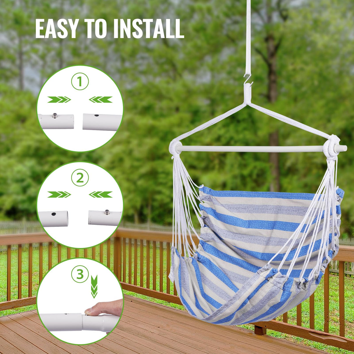 Backyard Expressions Striped Hammock Chair Hanging Rope Swing Chair, Anti Slip Steel Spreader Bar BACKYARD EXPRESSIONS PATIO · HOME · GARDEN