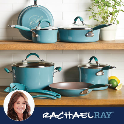 Rachael Ray Cucina Nonstick Cookware Pots and Pans Set, 12 Piece, Agave Blue