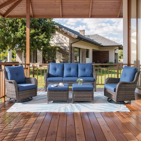 HUMMUH Patio Furniture 5 Pieces Outdoor Furniture Set Wicker Outdoor Sectional Couch with Patio Swivel Rocking Chairs,Ottomans for Patio HUMMUH