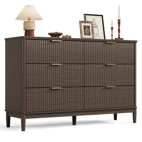 LINSY Fluted Dresser for Bedroom with 6 Drawers, Mid Century Modern Chest of Drawers with Gold Metal Handles, Wide Boho Wood Dressers, Large Farmhouse Storage Cabinet for Bedroom, Living Room, Walnut LINSY