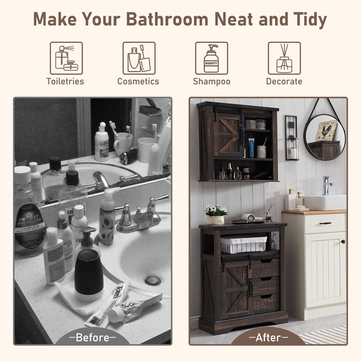 OKD Bathroom Wall Cabinet, Farmhouse Medicine Cabinet with Sliding Barn Door & Adjustable Shelves, Storage Cabinet Wall Mounted for Bathroom, Kitchen, Dark Rustic Oak OKD