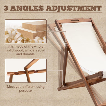 Outdoor Wooden Patio Lounge Chair 2 Set Beach Sling Chair Set Height Portable Reclining Beach Chair Solid Wood Frame with White Polyester Canvas 3 Level,Khaki - WoodArtSupply