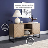 Nathan James Dylan Media Console Cabinet or TV Stand with Doors for Hidden Storage in a Natural Reclaimed Herringbone Wood Pattern and Metal, Oak/Matte Black Nathan James