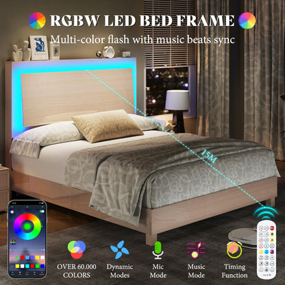 AMERLIFE High Gloss Queen Platform Bed Frame with Smart RGBW LED Lights and Ergonomic Floating Headboard - WoodArtSupply