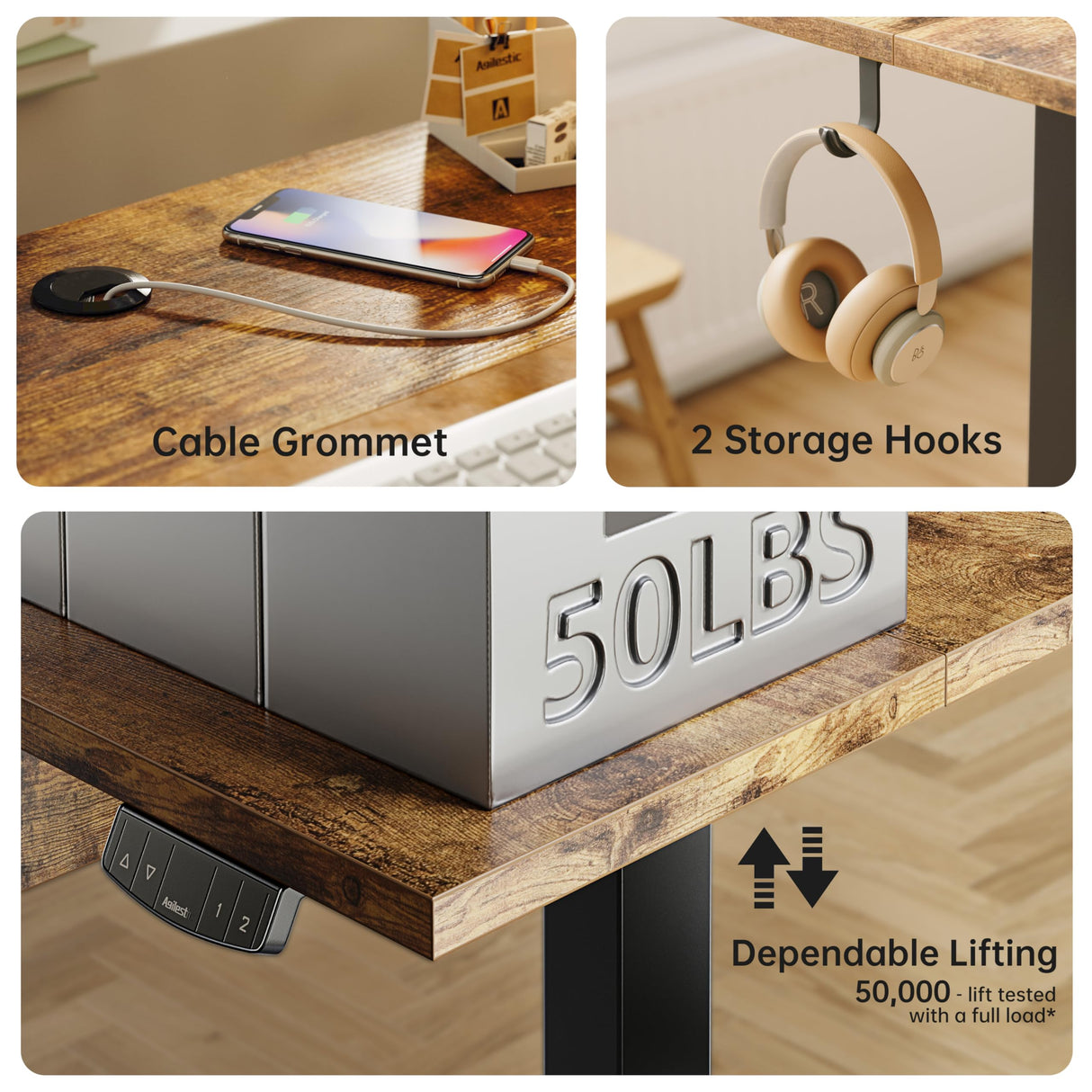 Agilestic Standing Desk with 2 Drawers, Adjustable Height Electric Desk with Storage, 48 x 24 Inches Sit Stand Up Computer Table for Work Office Home, Rustic Brown Agilestic