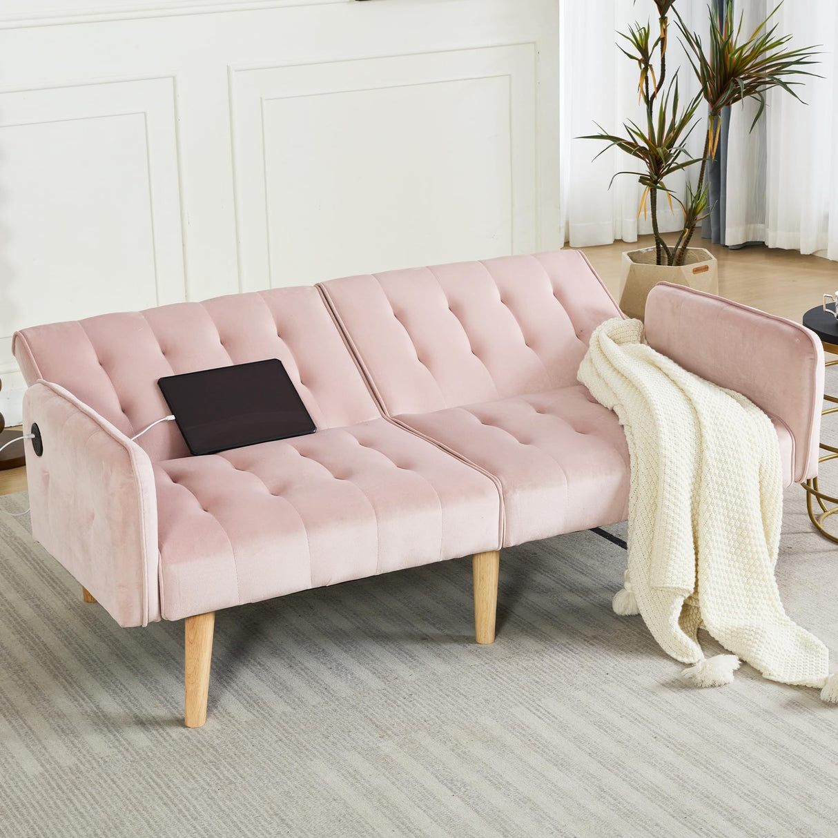 TYBOATLE 65" W Velvet Modern Convertible Folding Futon Couch Sofa Bed w/ 2 USB Charging Ports and arms, Loveseat for Compact Living Space, Dorm, Game Studio, Bonus Room, Apartment, Bedroom (Pink) TYBOATLE