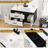 YITAHOME 36 Floating Vanity with Sink, Wall Mounted Bathroom Cabinet Vanity with Soft-Close System Cabinet, Marble Pattern, 2 Drawers & Pre-drilled Three Holes YITAHOME