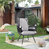 JOIVI Wicker Egg Chair, Oversized Indoor Outdoor Lounger Large Egg Basket Chair with Stand and Cushions for Patio Porch, Backyard, Living Room, Balcony (Black Rattan, Gray Cushion) JOIVI
