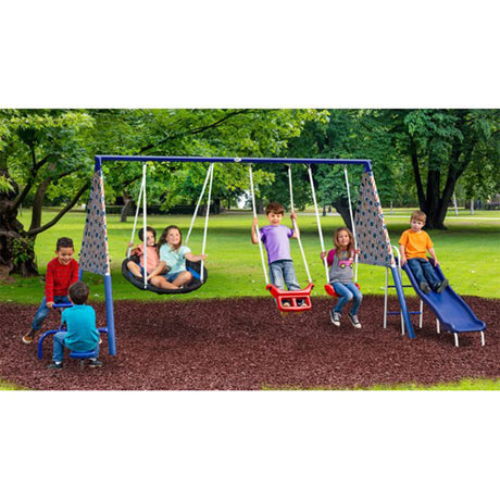 XDP Recreation Freedom Fun Metal A-Frame Kids Outdoor Swing Set 7 Child Capacity Backyard Playground Toy Set with Slide, 3 Swing Types, and See-Saw XDP RECREATION
