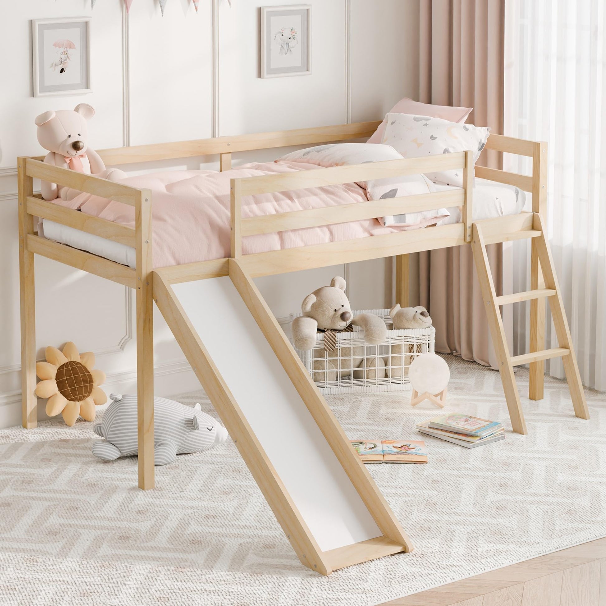 MU Twin Loft Bed with Slide, Climbing Ladder, and Safety Guard Rail in Natural Wood - WoodArtSupply