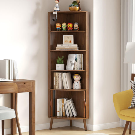 Limaoaio 5-Tier Corner Shelf, 66.73''Tall Modern Corner Bookshelf, 5 Shelf Bookcase with 2 Fluted Doors, Freestanding Wood Corner Display Storage Shelf Organizer for Living Room, Office (Walnut) Limaoaio