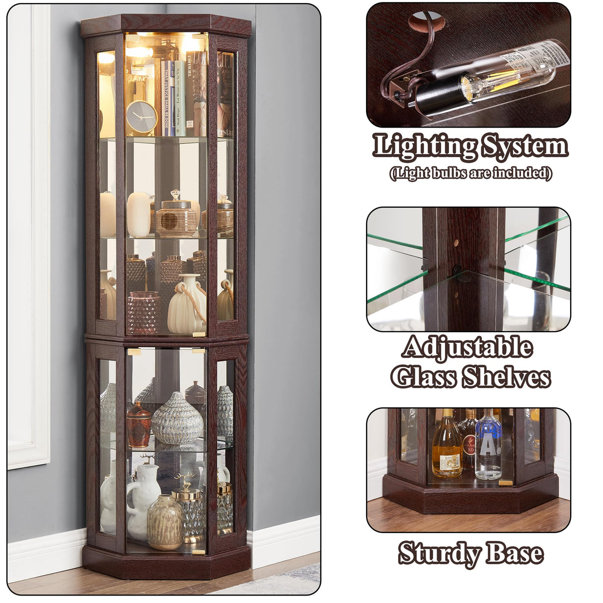 nifoti 69" H Lighted Curio Cabinet Corner Display Case,Corner Glass Cabinet with Tempered Glass Door and Adjustable Shelves,Wooden Curio case with Mirrored Back Pane (Style 2 - Dark Cherry) nifoti
