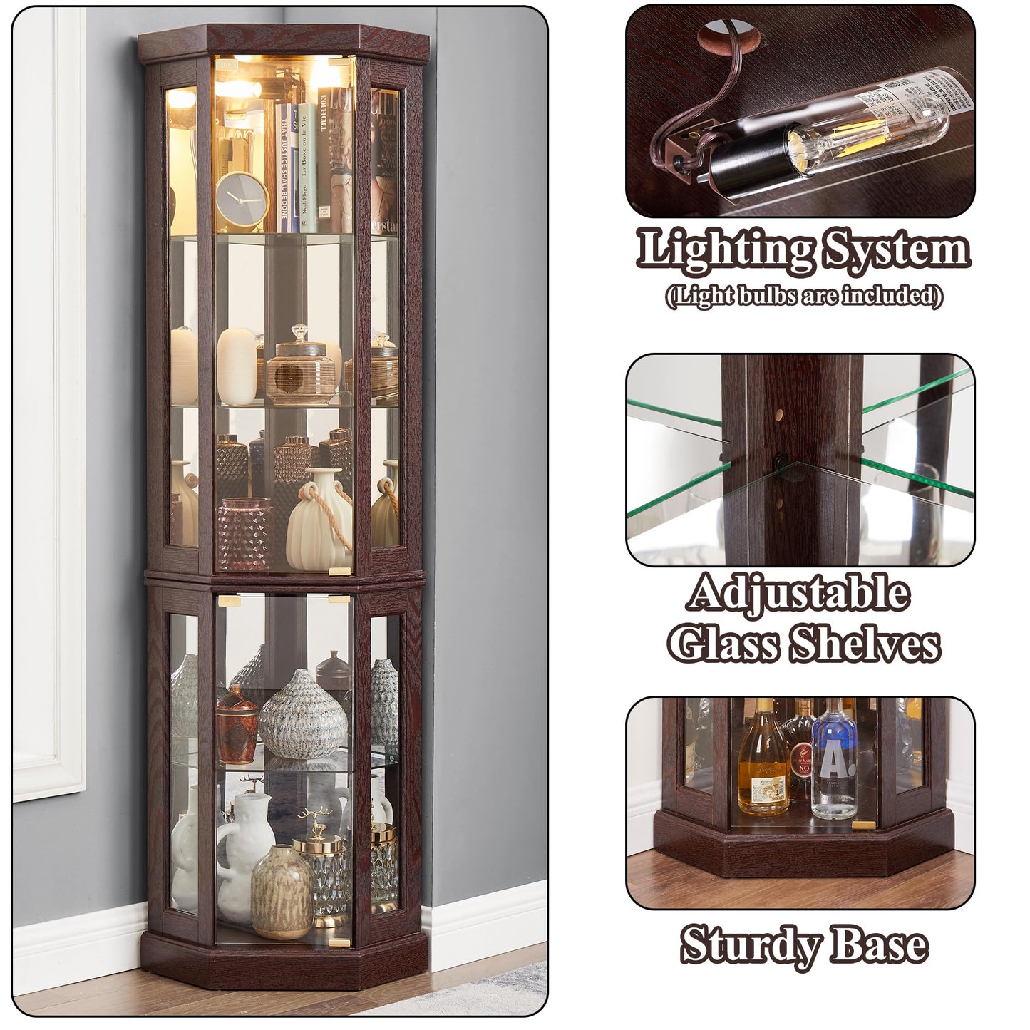 nifoti 69" H Lighted Curio Cabinet Corner Display Case,Corner Glass Cabinet with Tempered Glass Door and Adjustable Shelves,Wooden Curio case with Mirrored Back Pane (Style 2 - Dark Cherry)