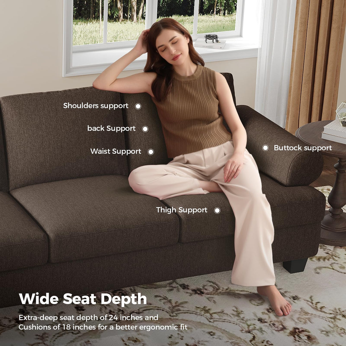 COPIAE 91 Inch Lawson Sofa with Extra Deep Seats Oversize, Mid-Century 3-Seat Sofa Couch, for Living Room, Apartment, Lounge, Brown COPIAE