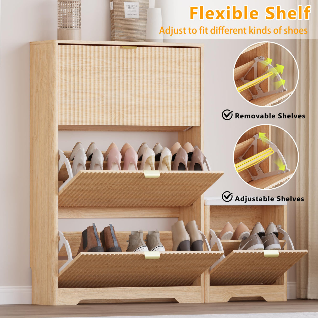 BORNOON Slim Shoe Cabinet with Bench for Entryway, Hidden Storage and Adjustable Shelves, Free Standing Wooden Shoes Organizer for Foyer, Hallway BORNOON