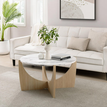 Walker Edison Contemporary Floating Top Round Coffee Table, 35 Inch, Faux Calacatta Marble/Coastal Oak - WoodArtSupply