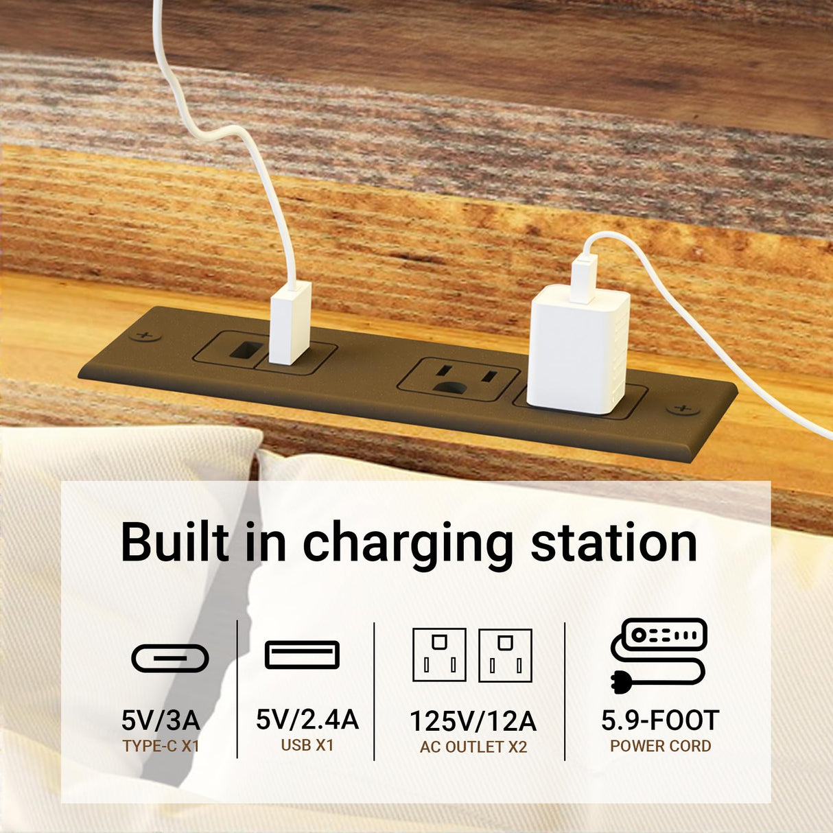 ivoros Wooden Full Size Bed Frame with Storage Headboard, Rustic Farmhouse Platform Bed Frame Full with Charging Station & LED Lights, 12 Wood Slats Support, No Box Spring Needed,Dark Brown ivoros