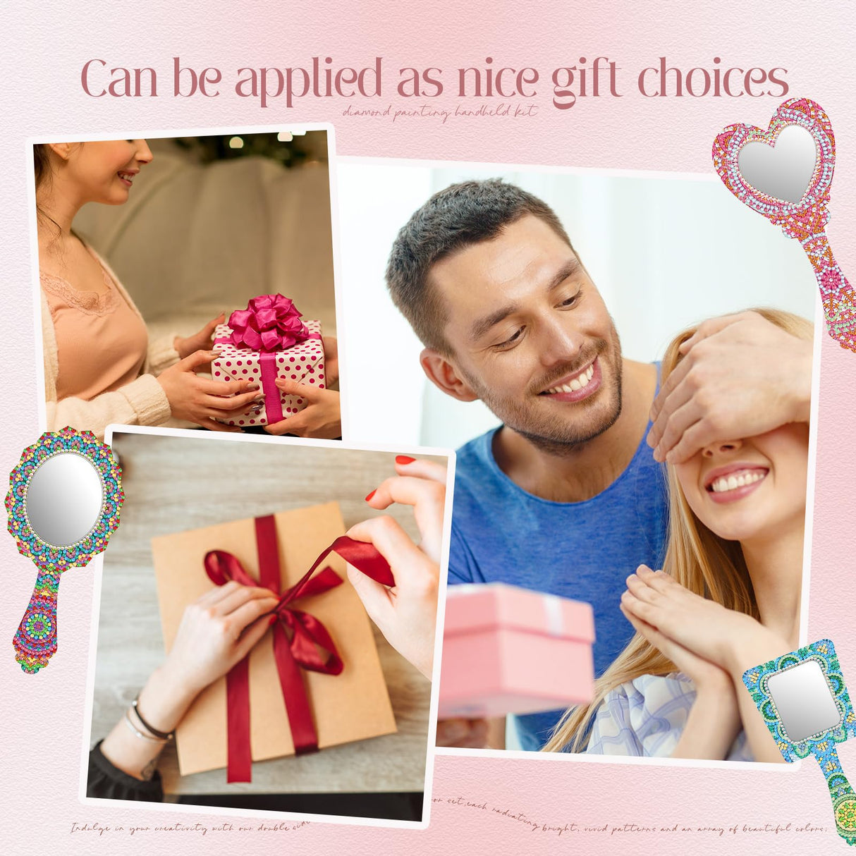 Threehoney 4 Pcs Diamond Painting Mirror Handheld Kits Valentine Christmas Art Gifts Compact Decorate Your Own Mirror for Hand DIY Crafts Threehoney