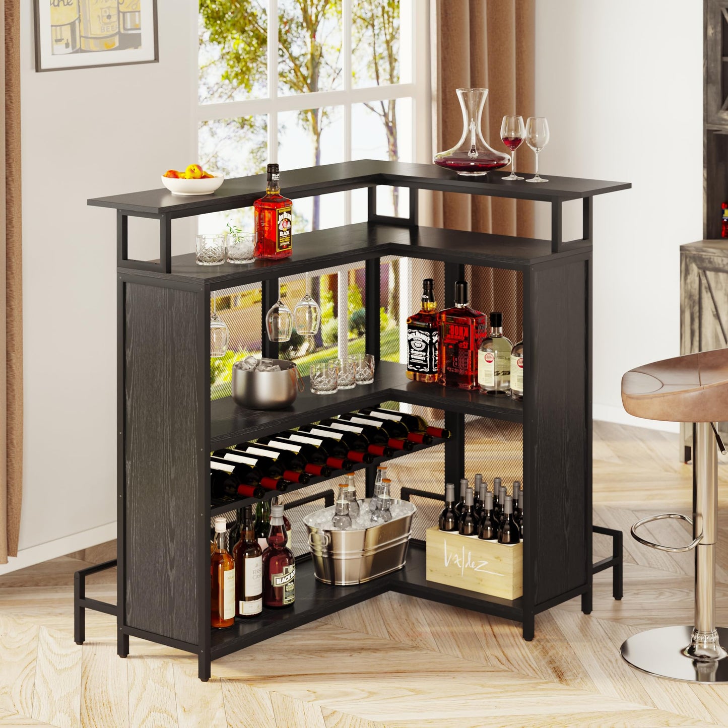 YITAHOME Modern L-Shaped Mini Home Bar Unit with Music-Responsive LED Light and Storage Solutions in Black - WoodArtSupply