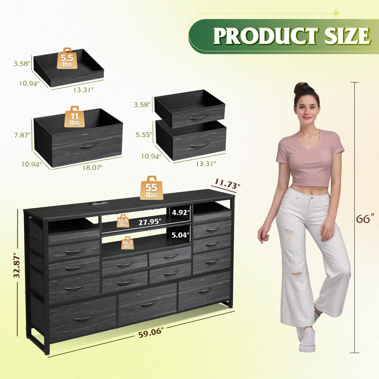 WLIVE Black TV Stand for 55, 60, 65 inch TV, Entertainment Center with LED Lights & Charging Station, TV Media Console Table with 15 Fabric Drawers and Open Shelves for Living Room, Hallway, Wood Top WLIVE