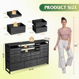 WLIVE Black TV Stand for 55, 60, 65 inch TV, Entertainment Center with LED Lights & Charging Station, TV Media Console Table with 15 Fabric Drawers and Open Shelves for Living Room, Hallway, Wood Top WLIVE