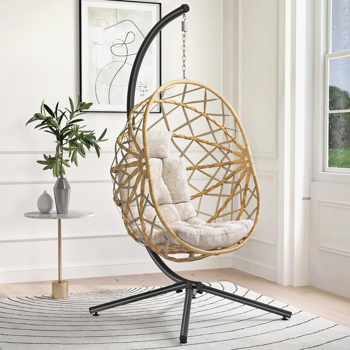 SWITTE Hanging Egg Chair with Stand, Outdoor Egg Swing Chair with Stand, Indoor Wicker Hammock Chair with Cushion for Patio, Garden-Cream SWITTE