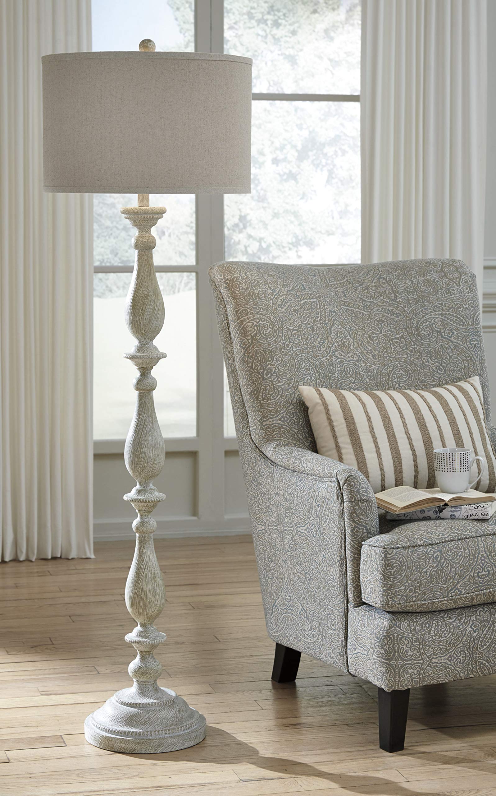 Signature Design by Ashley Bernadate Cottage 61" Candlestick Design Floor Lamp, Whitewash - WoodArtSupply