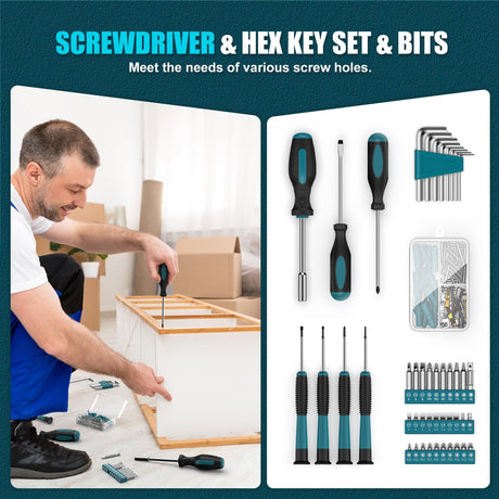 Sundpey Tool Kit 206PCs with Drill - 12V Cordless Power Drill Combo Home Tool Set - Portable Basic General Household Toolbox for Men Women for Garden Office House Repair (Screwdriver Set & Pliers Set) Sundpey