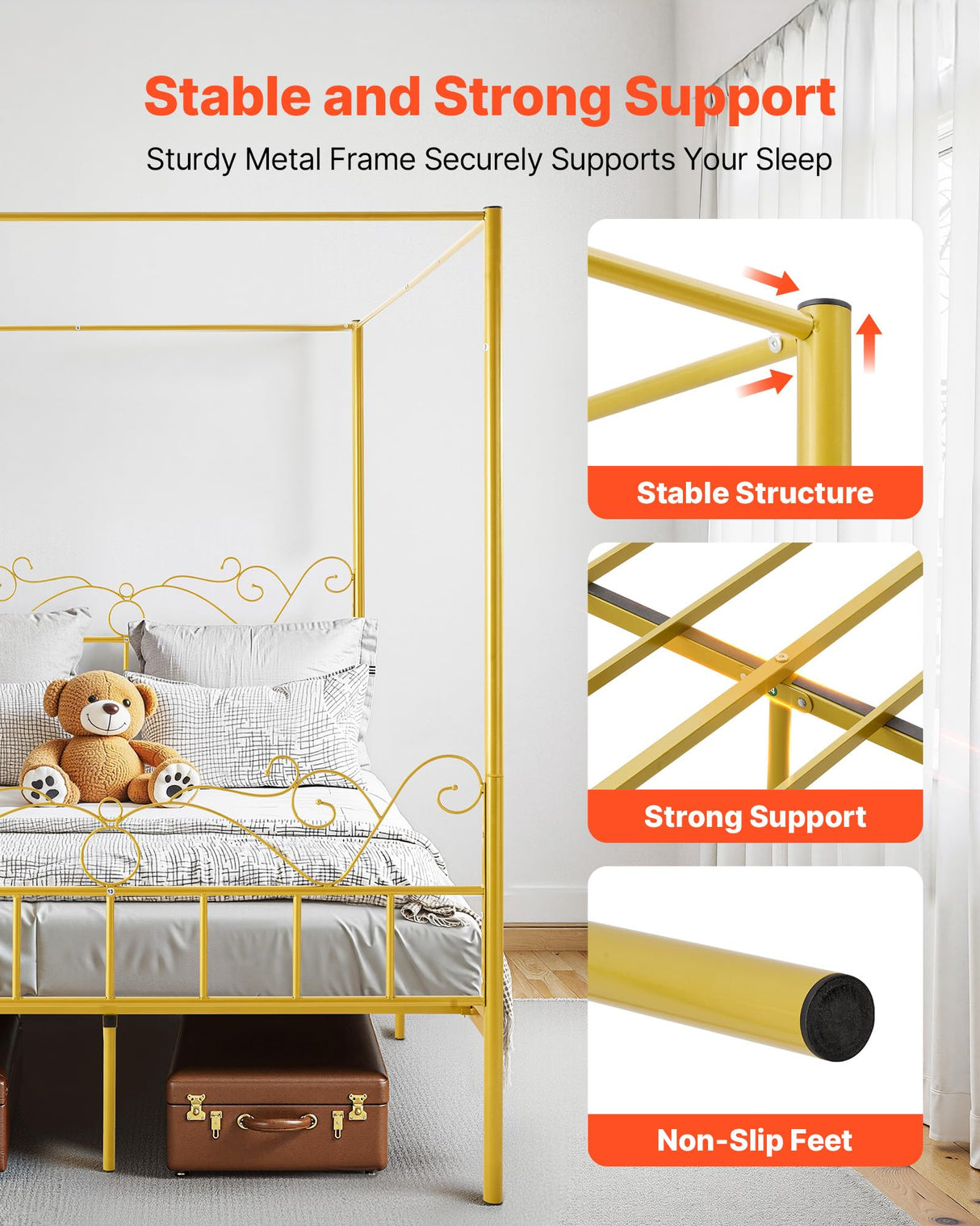 VEVOR Canopy Bed Frame Queen Size, Metal Canopy Bed with Minimalist Headboard & Four Posters Design, Heavy Duty Steel Slats Support, Underbed Storage Space, No Box Spring Needed, Easy Assembly, Gold VEVOR