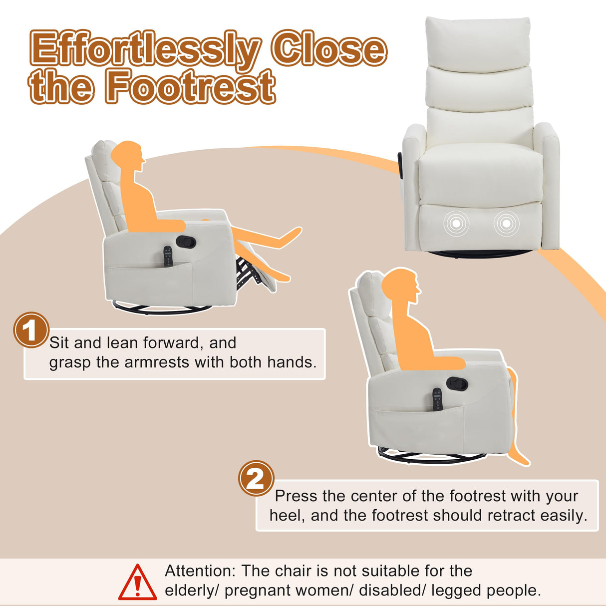 Manual Swivel Rocker Recliner Chair for Adults, Overstuffed Reclining Glider Chair for Nursing with Vibration Massage & Heat, Living Room Rocking Recliner 3-Stage backrest, Faux Leather White EZZUP