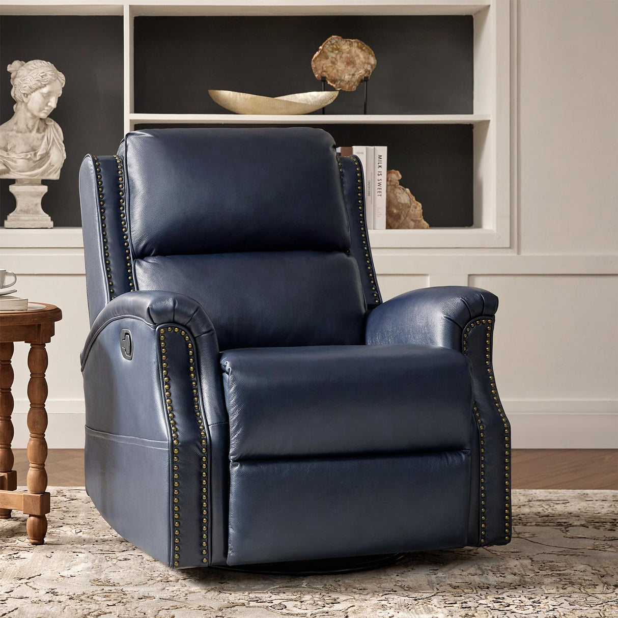 HULALA HOME Genuine Leather Recliner Chair, 360 Swivel Rocker Chair with Thick Seat, Classic Push Back Armchair with Backrest, Nailhead Trim, Navy HULALA HOME