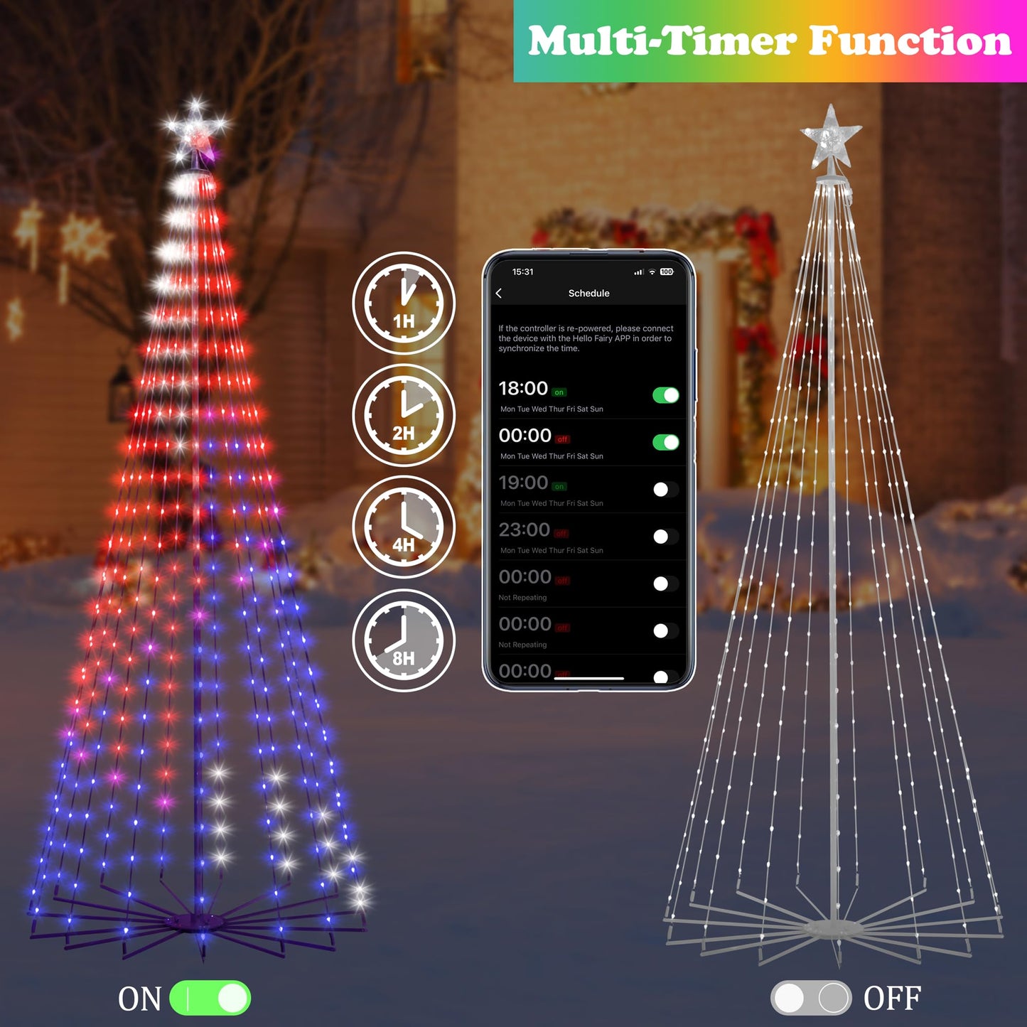 Holaurora 8FT Lighted Outdoor Christmas Tree, 340 LED Smart Cone Tree, Music Sync RGB Fairy Lights, LED Light Show, APP and Remote Control, Timer Function, Perfect for Outdoor Christmas Decorations