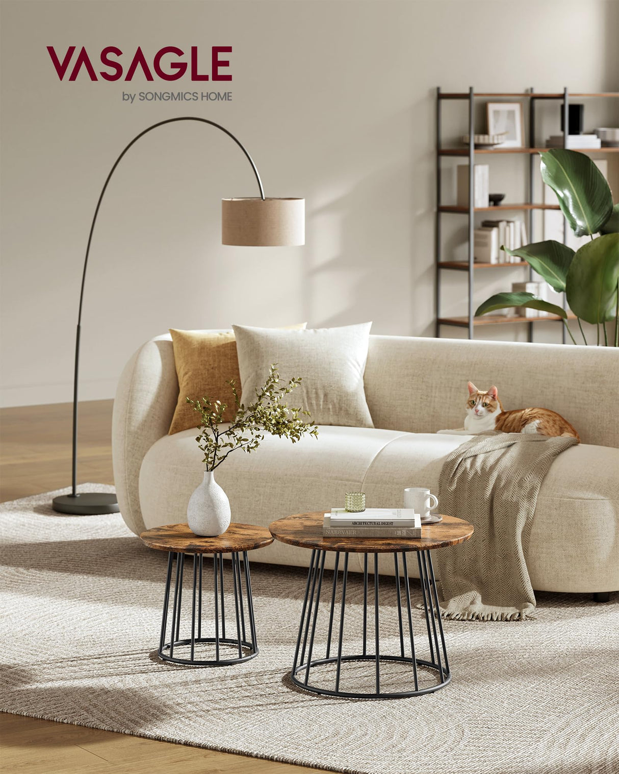 VASAGLE Round Coffee Tables, Set of 2, Modern Circle Side Tables with Steel Frame, for Living Room, Bedroom, Rustic Brown ULCT045K01 VASAGLE