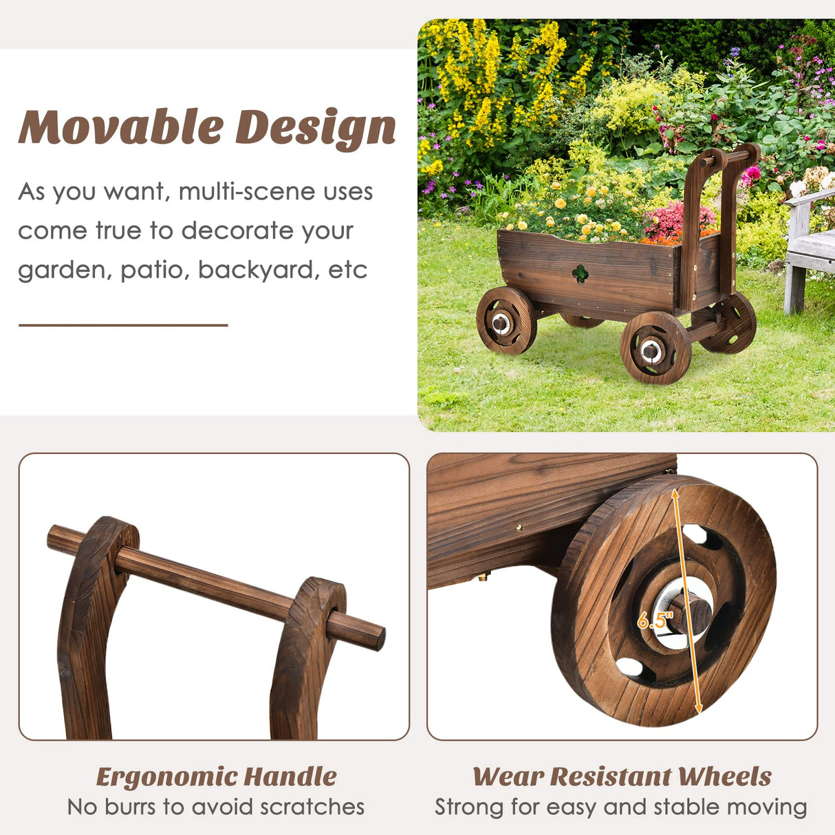 HAPPYGRILL Wagon Flower Planter Cart, 4-Wheel Wood Garden Wagon Decor with 2 Drainage Holes, Movable Flowerpot Holder Stand, Indoor Outdoor Raised Plant Bed HAPPYGRILL