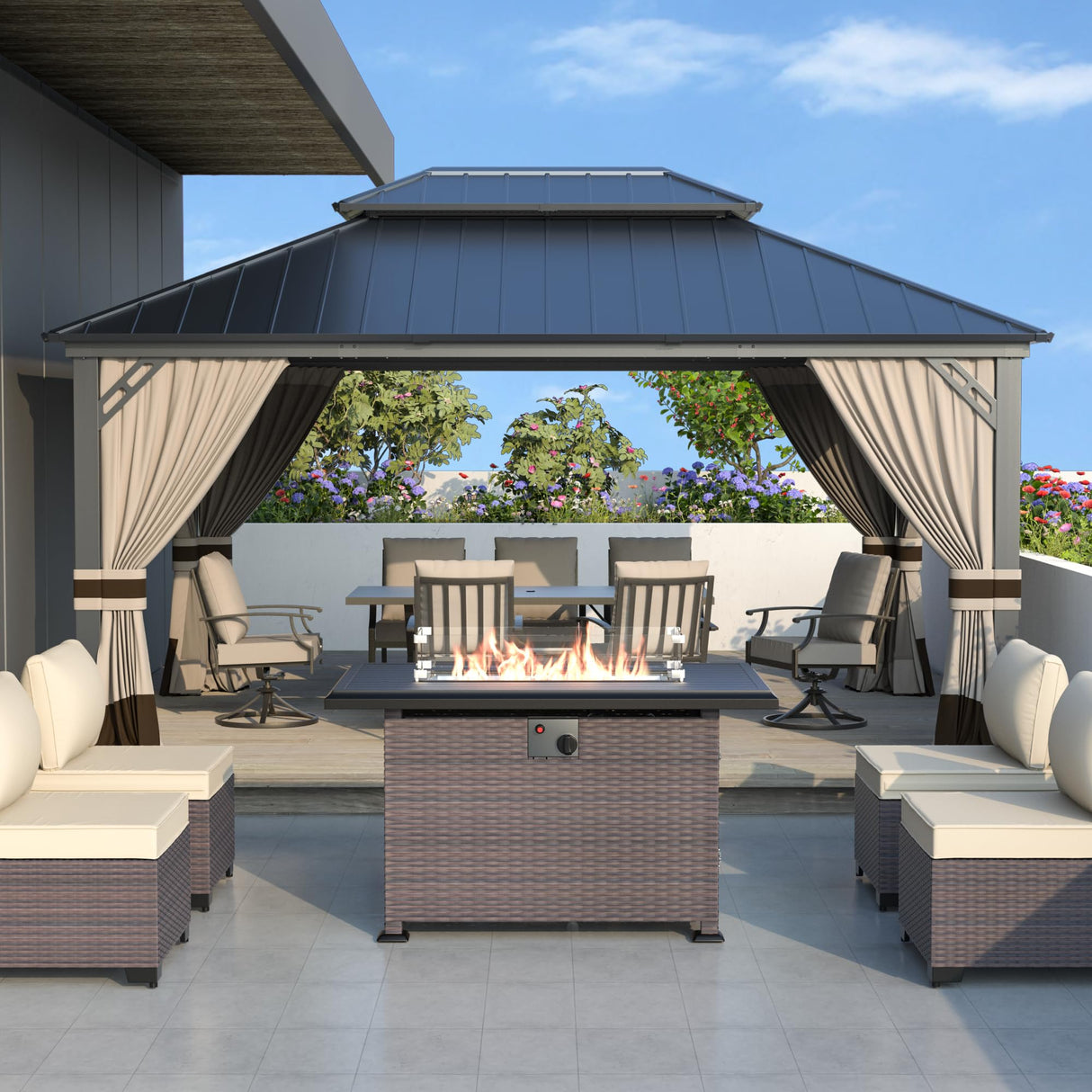 12' x 16' Hardtop Gazebo,Outdoor Galvanized Steel Metal Double Roof Gazebo with Curtains and Netting for Patios, Gardens, Lawns,Khaki Kullavik