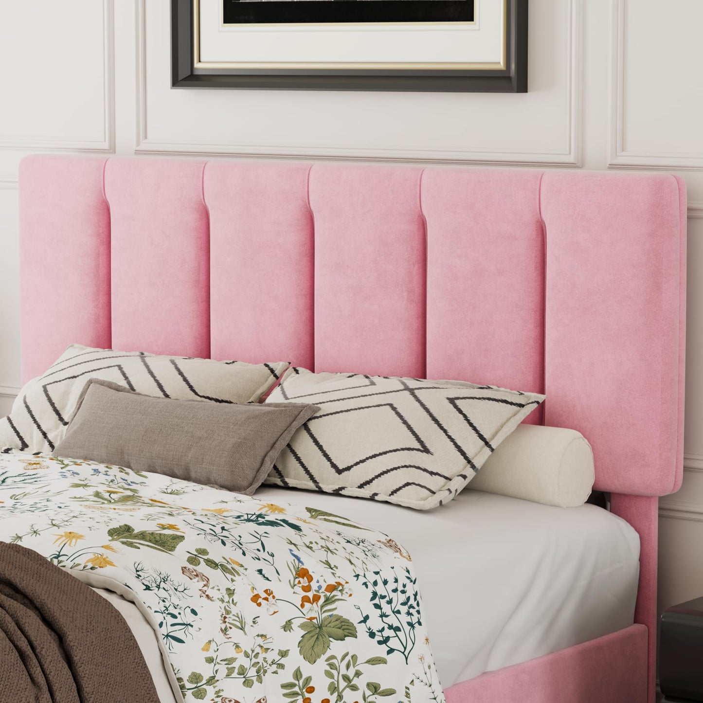 VECELO Full Bed Frame with Upholstered Headboard, Heavy-Duty Platform Bedframe with Strong Wooden Slats Support, No Boxing Spring Needed, Pink